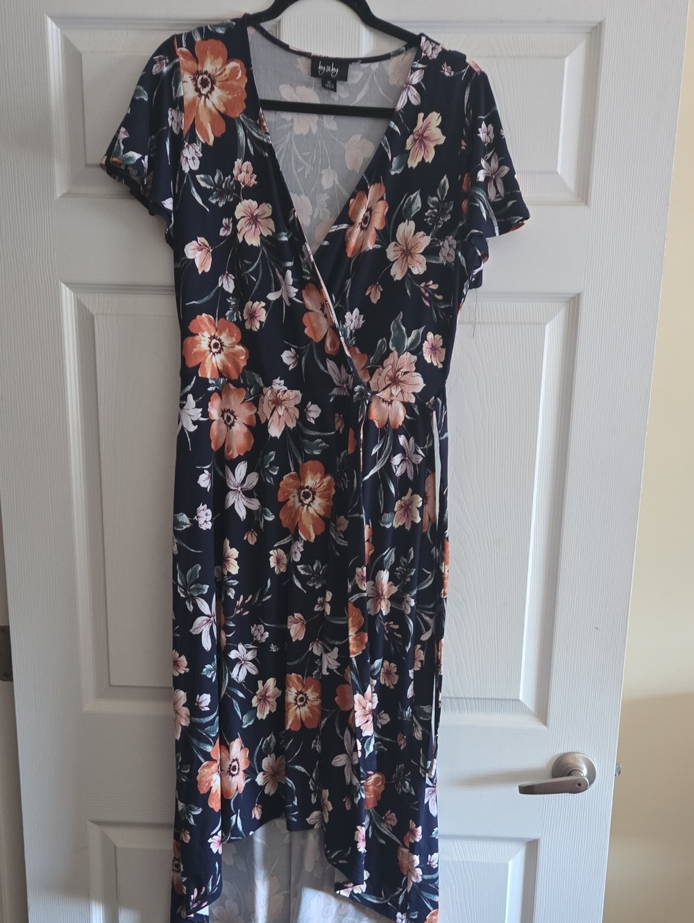 Body Central Navy Floral High-Low Wrap Dress with Peach Blooms